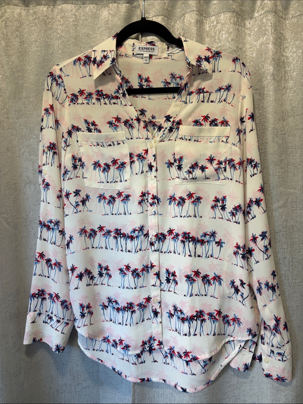 Express Button-Front Shirt Blue Pink Palm Print small